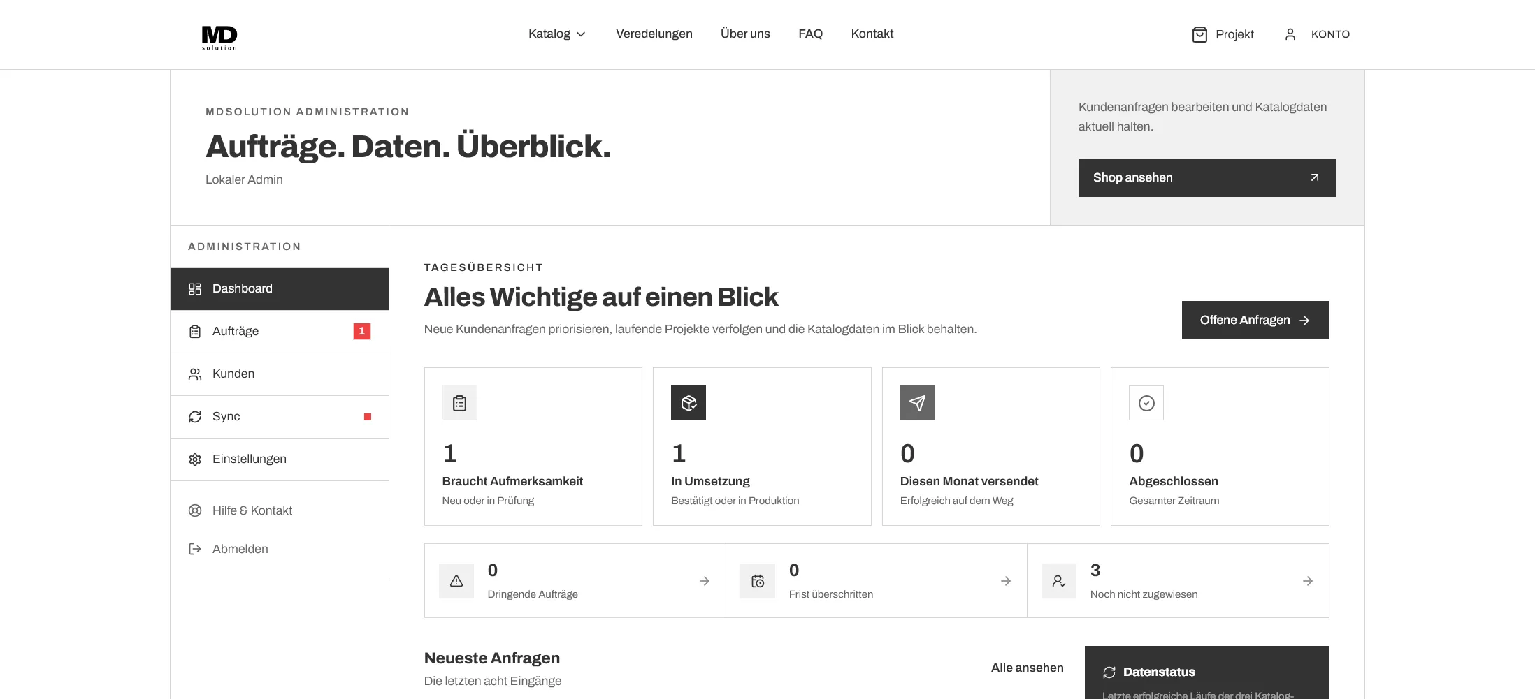 Administrationsbereich der MDsolution Handelsplattform mit Aufträgen, Kunden und Synchronisationsstatus