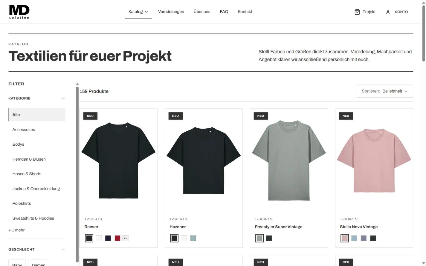Aktueller Produktkatalog der B2B-Handelsplattform MDsolution mit Textilien und Veredelungsoptionen