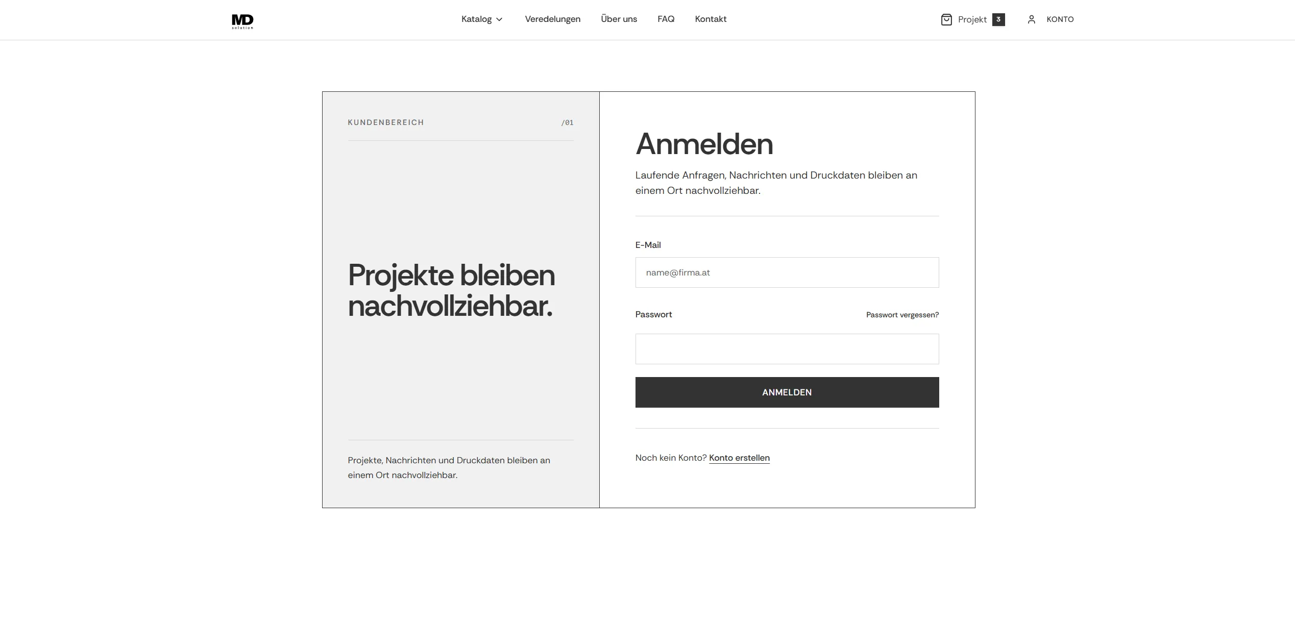 Kundenbereich mit Anmeldung und nachvollziehbarer Projektverwaltung bei MDsolution